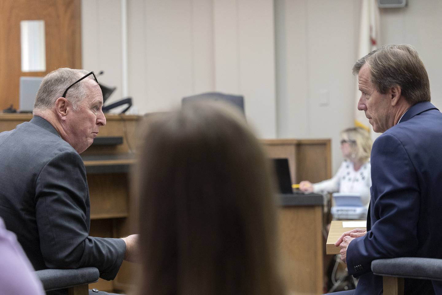 Defense attorney Joe Nack (left) and prosecutor Charles Colburn speak Wednesday, April 23, 2025, during the arraignment for Matthew Herpstreith in Carroll County Court. Herpstreith pled not guilty in death of Jackson Kradle