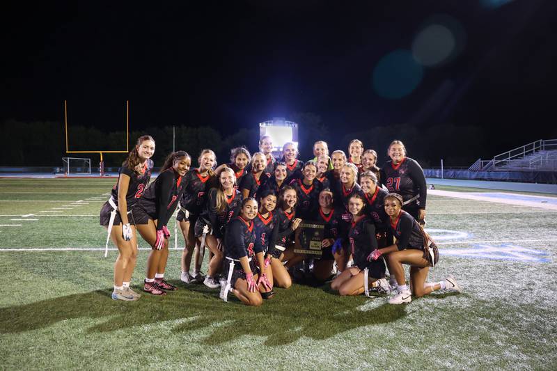Yorkville players pose with their regional championship plaque following the Foxes' 2-1 overtime victory over Oswego in the IHSA Kankakee Regional championship game on Thursday, Oct. 9, 2025.