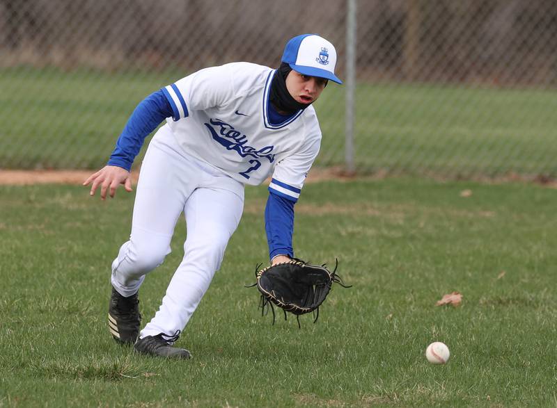 Hinckley-Big Rock’s Matthew Badal fields a ball in the outfield during their game against Polo Thursday, April 3, 2025, at Hinckley-Big Rock High School.