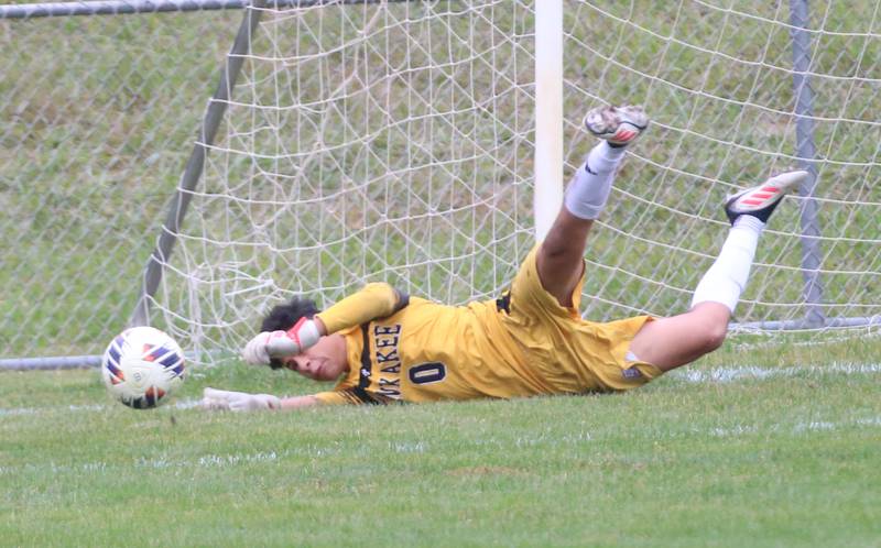 Kankakee's Adolfo Perez blocks a shot from L-P during the Class 2A Regional title game on Saturday, Oct. 25, 2025 at Ottawa High School.