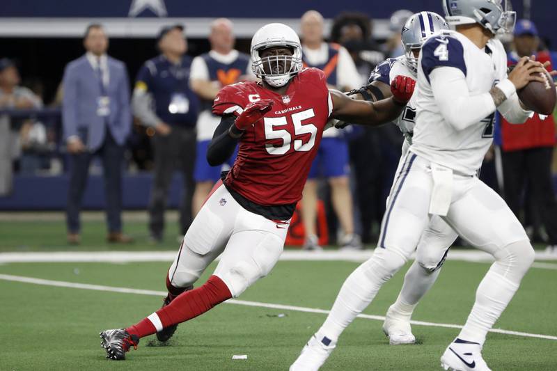 Arizona Cardinals outside linebacker Chandler Jones rushes the quarterback during the second half on Jan. 2 against the Dallas Cowboys in Arlington, Texas.
