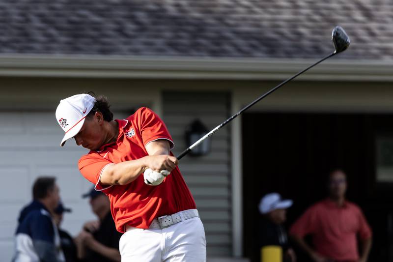 Lincoln-Way Central’s Matthew Preski tees off at the first hole during the IHSA Boys’ Class 3A Sectional at Wedgewood Golf Course in Plainfield on Oct. 6, 2025.