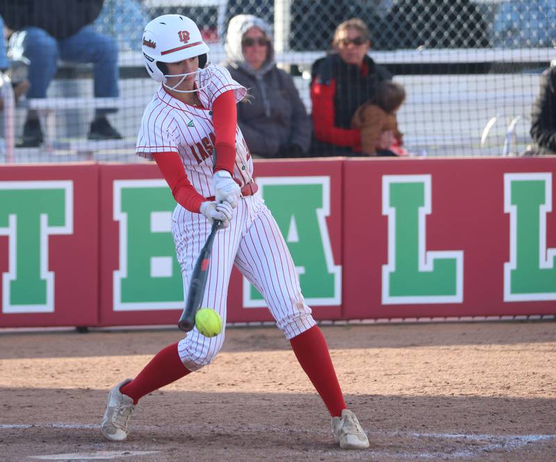 L-P's Dangy Greer smacks a hit against Ottawa on Wednesday, April 29, 2026 at the L-P Athletic Complex in La Salle.