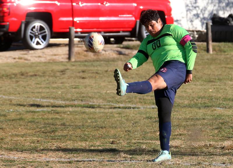 DePue/Hall keeper Juan Chubs boots the ball out of the box during the Class 1A Regional quarterfinal game on Wednesday, Oct. 16, 2024 in DePue.