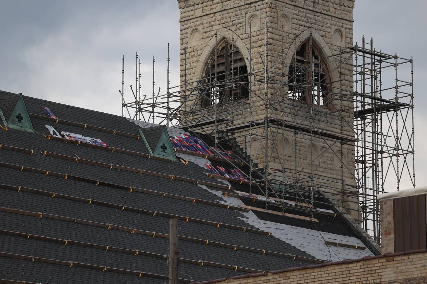 Scaffolding lines St. Mary's Carmelite Church as restoration work is being done on Tuesday, Sept. 26, 2023 in Joliet.