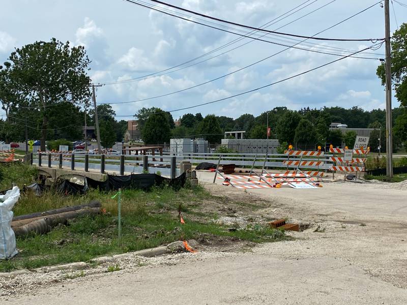 A portion of Lucinda Avenue is closed for bridge replacement in DeKalb on Thursday, July 6, 2023. The road near the bridge has been closed off since March 1, when crews began the process of replacing the bridge. DeKalb city officials said delays have pushed the completion date back from August to October 2023.