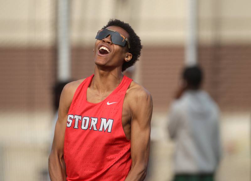 South Elgin’s Elias Cole-Williams celebrates his high jump during the Class 3A Batavia track and field sectional on Thursday, May 18, 2023.