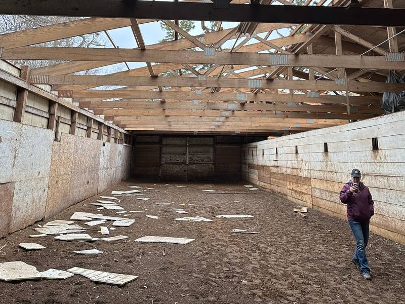 Huntoon Stables in North Aurora suffered damage from a storm that ripped through the area on Friday, March 31, 2023.