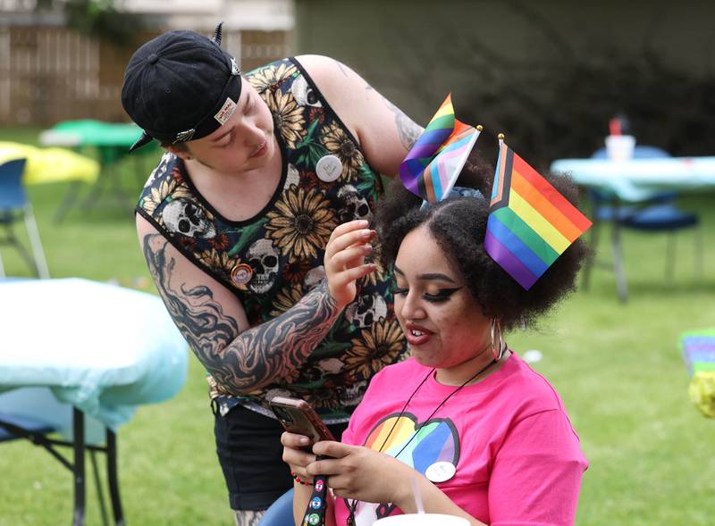 Violeta Shaw, (right) from DeKalb, gets their hair fixed by Dean Allard, also from DeKalb, during the Pride Palooza Friday, May 30, 2025, at Bethlehem Lutheran Church in DeKalb. The event was hosted by Family Service Agency of DeKalb County and Youth Outlook.