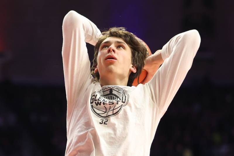 Glenbard West’s Braden Huff warms up before the game against Whitney Young in the Class 4A championship game at State Farm Center in Champaign. Saturday, Mar. 12, 2022, in Champaign.