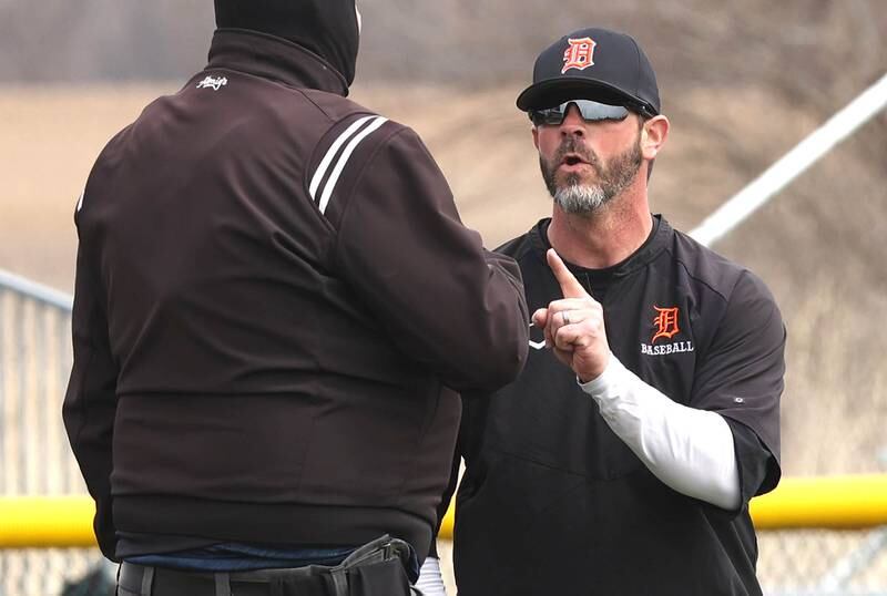 DeKalb baseball head coach Jeffrey Latimer questions a call during their game against Kaneland Friday, April 15, 2022, at Kaneland High School in Maple Park.