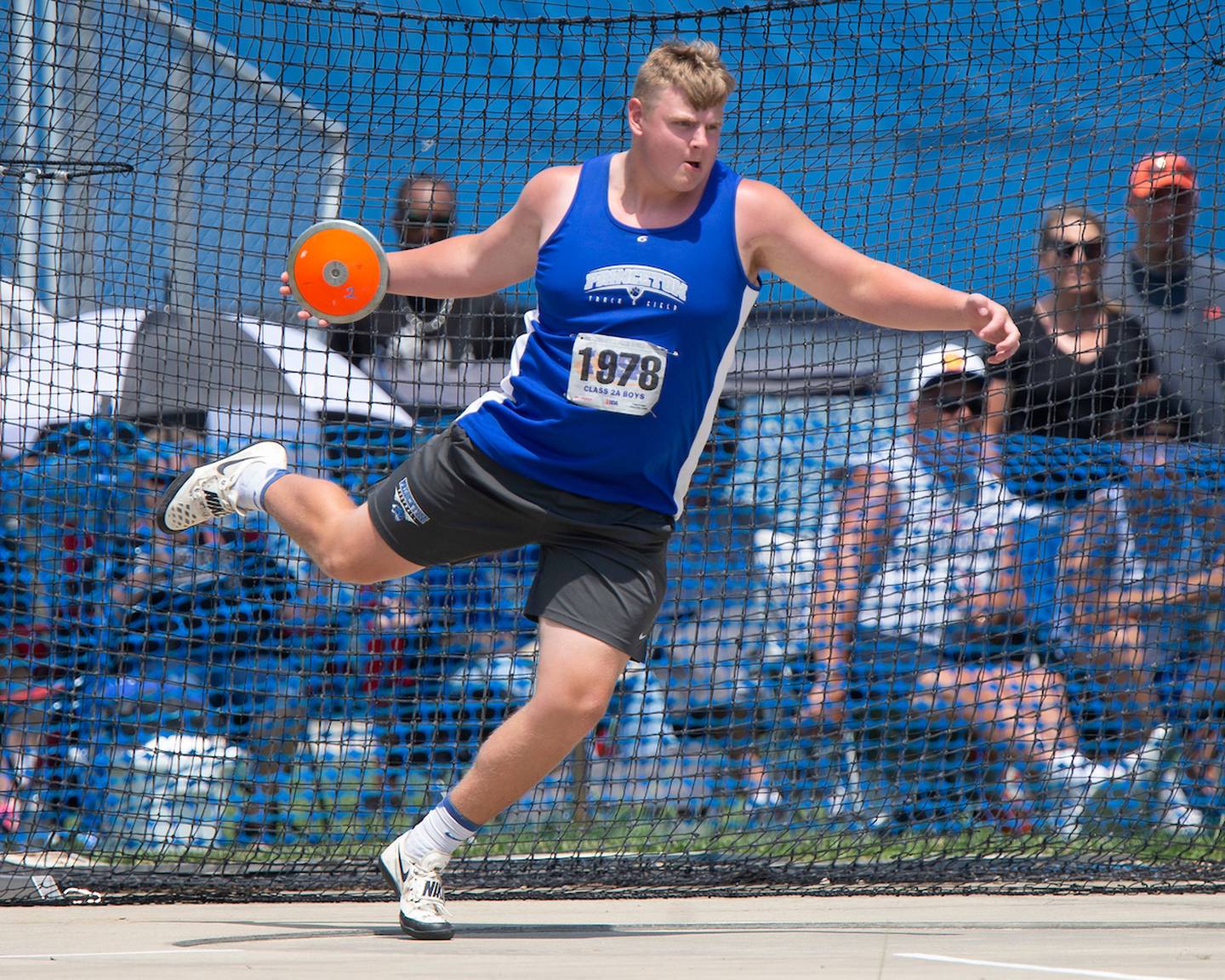 June 18, 2021- Charleston, IL -Princeton's Grant Foes competes in the Class 2A Discus Throw during IHSA Boys State Track and Field Finals. [Photo: Douglas Cottle/PhotoNews]