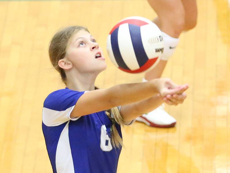 Princeton's Caroline Kuetzer hits the ball against L-P on Tuesday, Aug. 22, 2023 in Sellett Gymnasium.