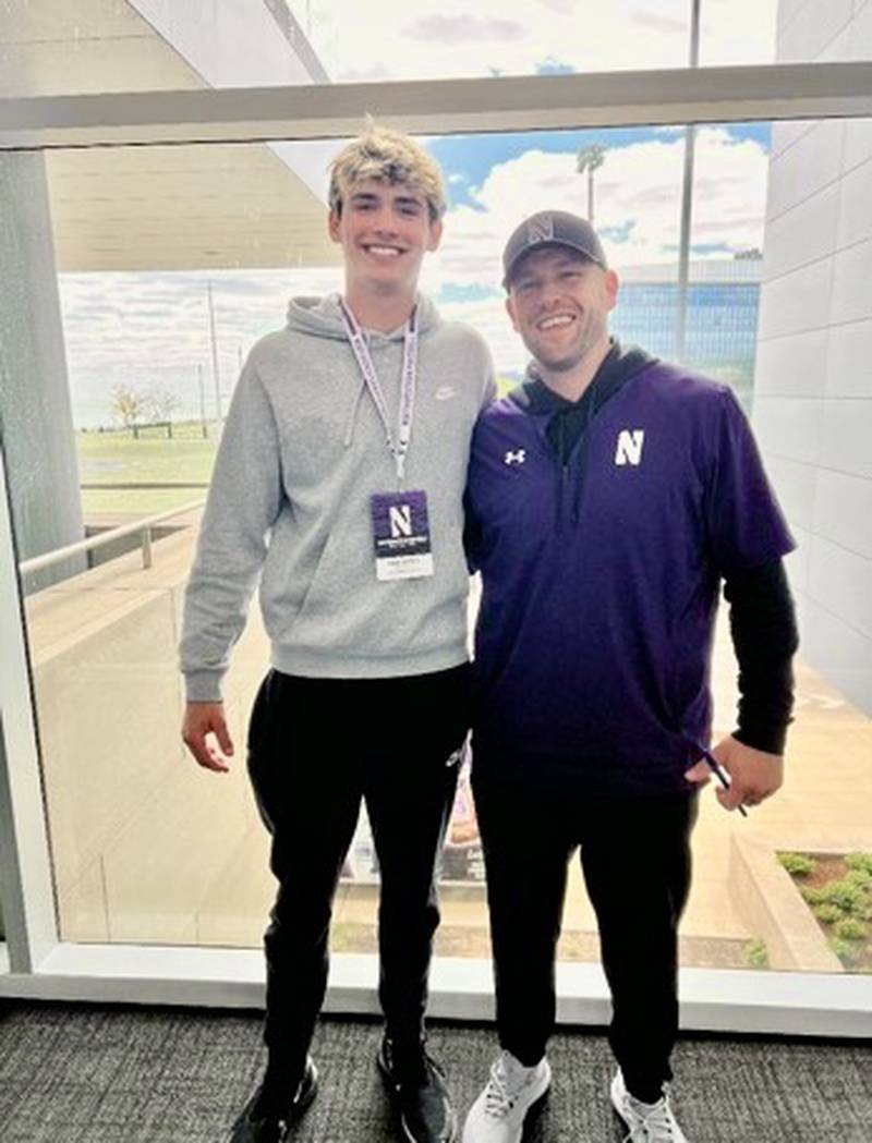 Princeton junior Noah LaPorte attended Northwestern's spring practice on Saturday and received an offer from head coach David Braun (right).