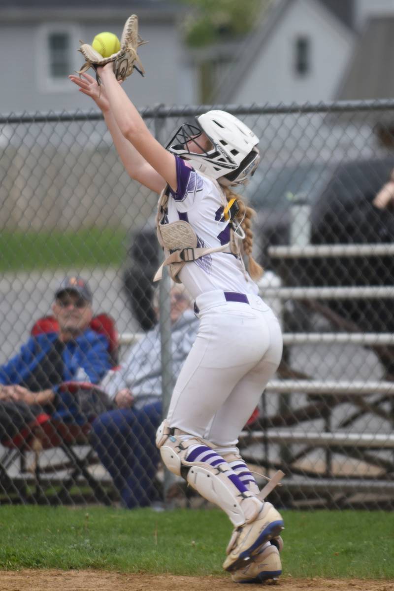 Wilmington's Emilie Strong catches a pop up during a home game against Manteno Tuesday, April 21, 2026.