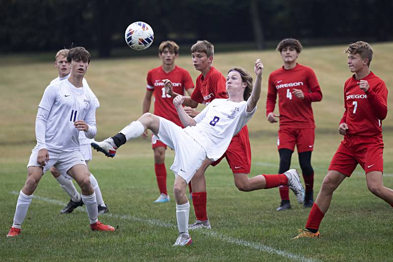 Dixon’s Michael O’Neal works in front of the net in Oregon Monday, Sept. 11, 2023.