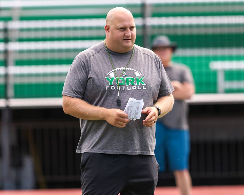 First year York head coach Don Gelsomino conducts York High School first day of football practice. Aug 12, 2024.