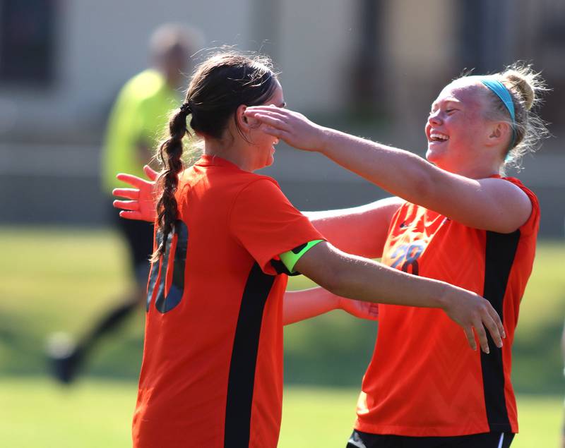 Crystal Lake Central’s Addison Schaffer, left, is greeted by Ally Barnett after a Schaffer goal against Hononegah in IHSA Class 2A Sectional Semifinal girls soccer on Monday, May 25, 2026 at Crystal Lake Central High School in Crystal Lake.