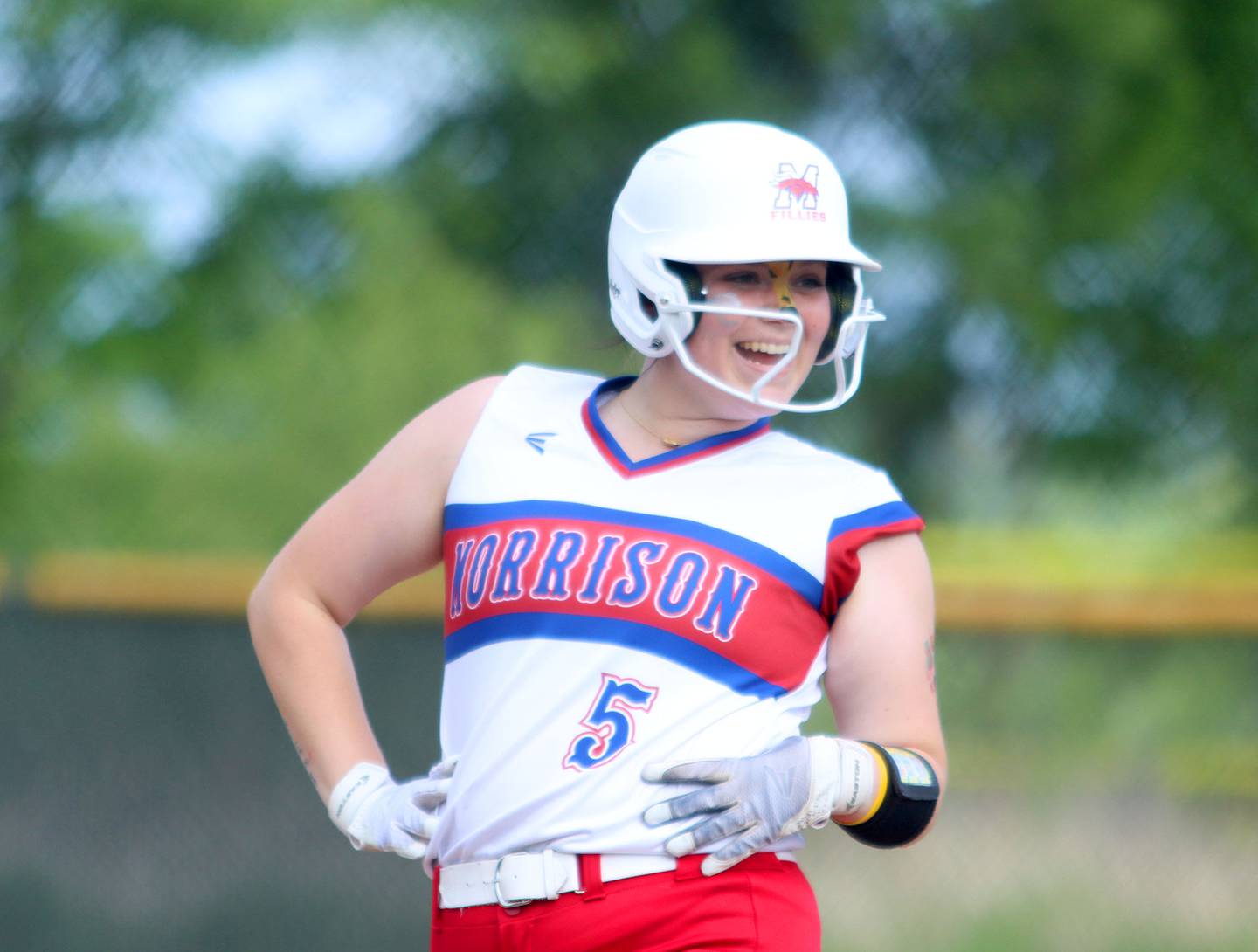 Morrison’s Madi Armitage is all smiles after hitting a run-scoring single against Marengo in IHSA Class 2A Sectional Semifinal softball action at Marian Central High School in Woodstock on Thursday, May 29, 2025.