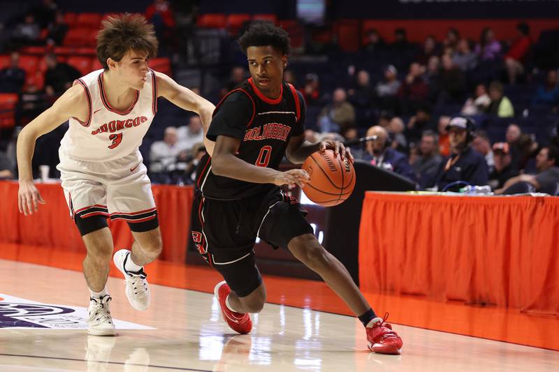 Bolingbrook’s Mekhi Cooper makes a move against Barrington in the Class 4A 3rd place match at State Farm Center in Champaign. Friday, Mar. 11, 2022, in Champaign.