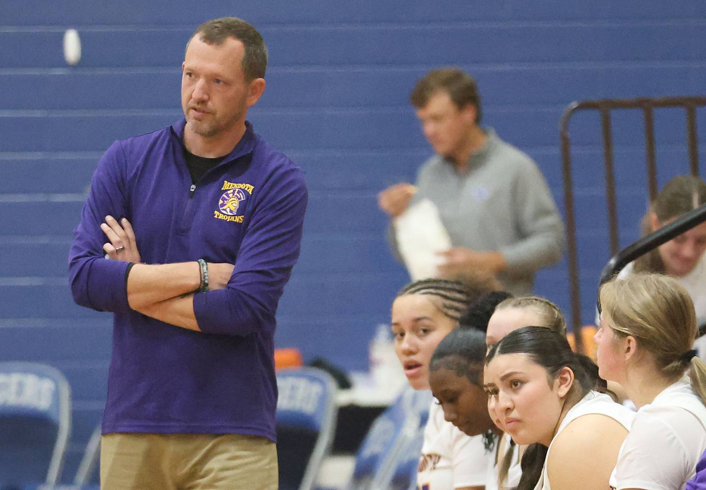 Mendota head girls basketball coach John Hansen coaches his team during the Tiger Girls Basketball Holiday Tournament on Tuesday, Nov. 18, 2025 at Princeton High School.