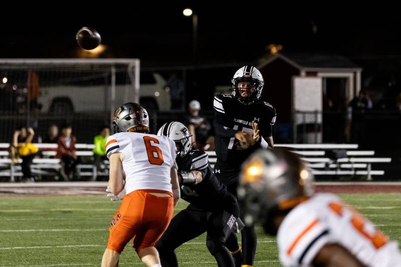 Plainfield North's Justus Byrd makes a pass during the Oct. 11 game against Minooka held at Plainfield North.