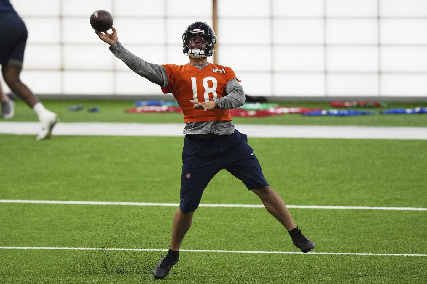 Chicago Bears quarterback Caleb Williams throws a pass during NFL football practice in Lake Forest, Ill., Wednesday, May 21, 2025. (AP Photo/Nam Y. Huh)