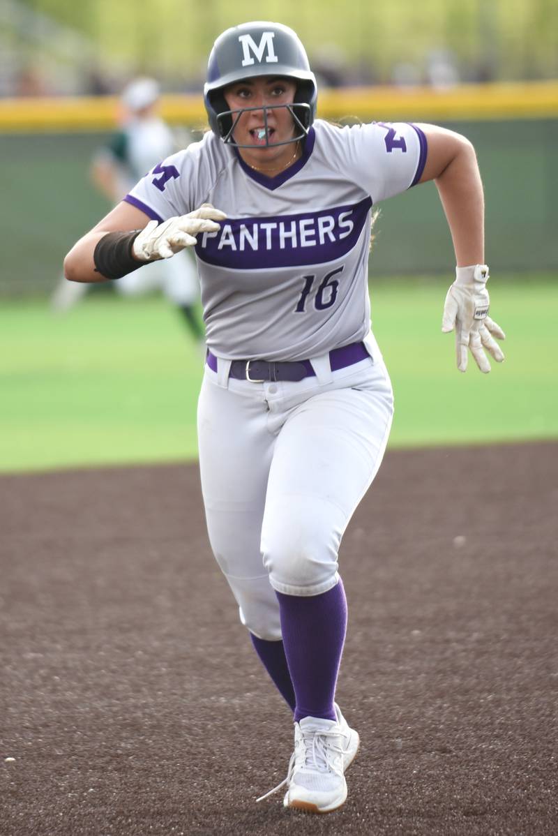 Manteno's Bella Gigliello runs the bases during a game at Coal City Monday, May 12, 2025.
