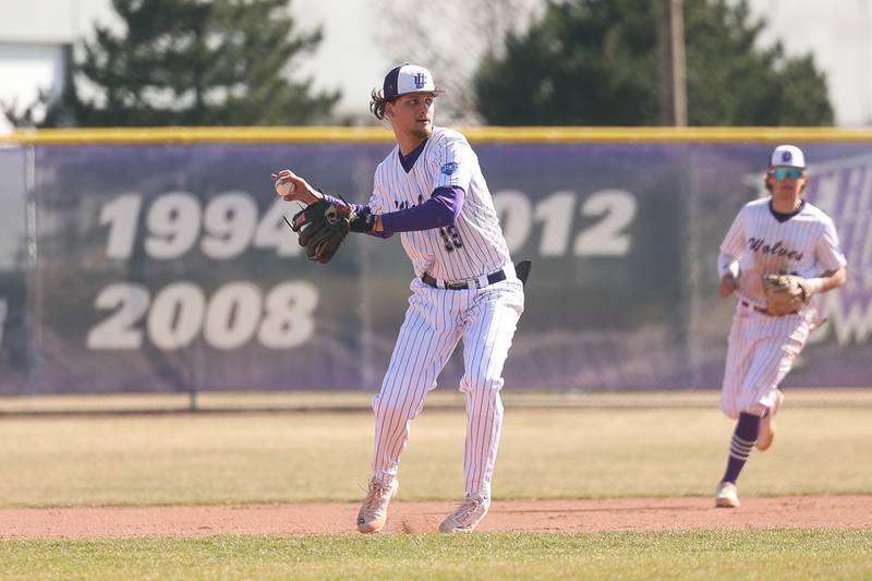 Joliet Junior College’s Hobbs Dunne throws to first for the out against Illinois Valley in game one of their double-header at the Wolves home opener on Sunday Mar. 3rd, 2024 in Joliet.