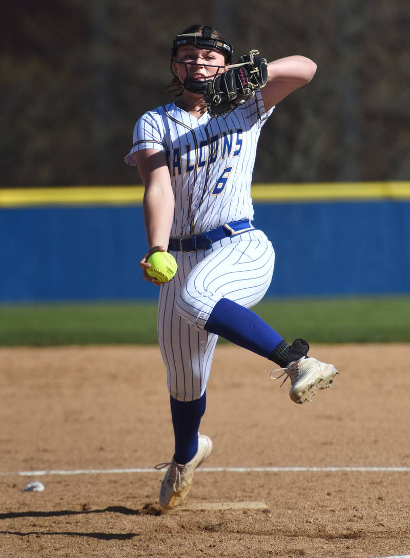 Wheaton North pitcher Erin Metz throws to a. St. Charles North batter during Wednesday’s softball game in Wheaton.