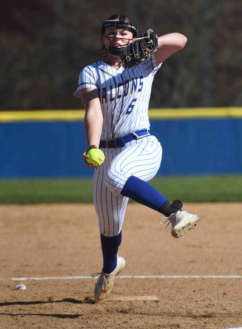 Wheaton North pitcher Erin Metz throws to a. St. Charles North batter during Wednesday’s softball game in Wheaton.