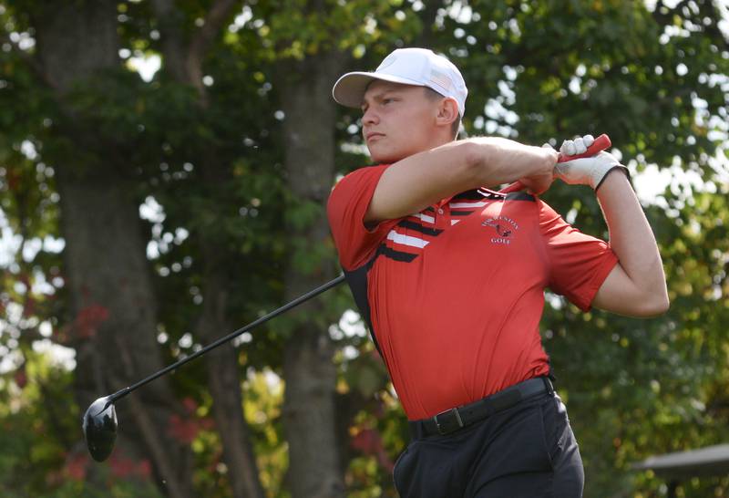 Forreston's Kendall Erdman watches his drive at the 1A Pearl City Regional at Wolf Hollow Golf Course in Lena on Wednesday, Oct. 1, 2025.
