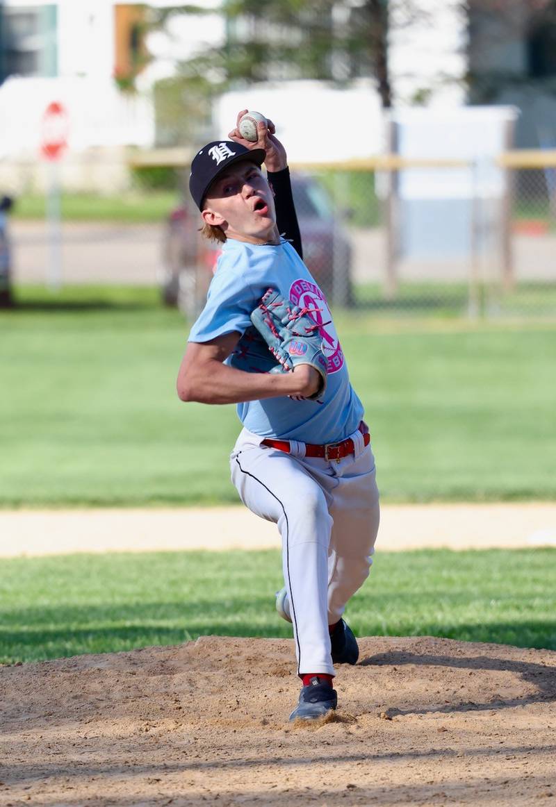 Hall senior Izzaq Zrust delivers a pitch Thursday at Kirby Park against Princeton. He picked up a 4-1 victory over the rival Tigers.