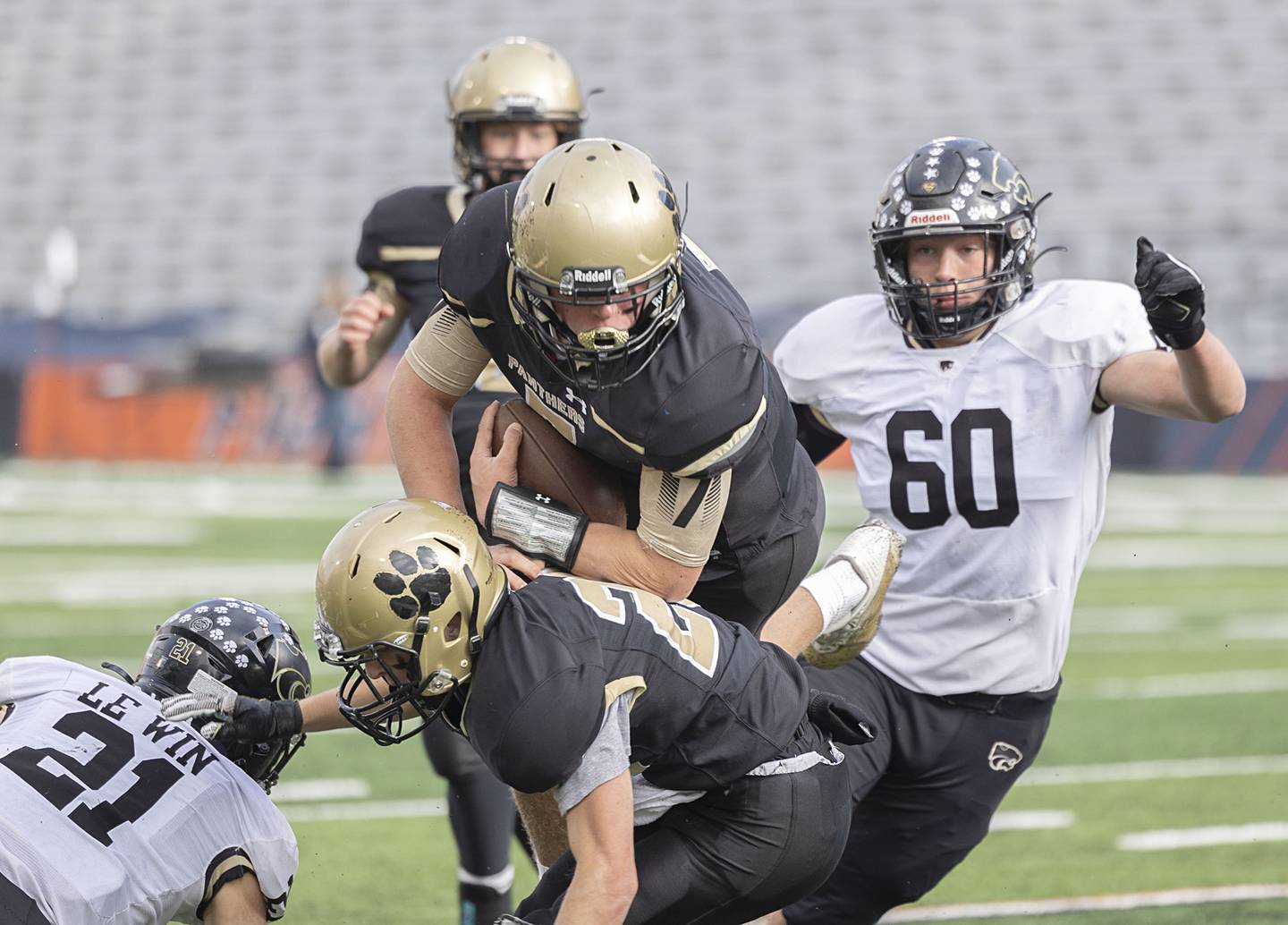 Camp Point Central’s Issac Genenbacher fights for yards in the 1A championship game Friday, Nov. 25, 2022 against Lena-Winslow.