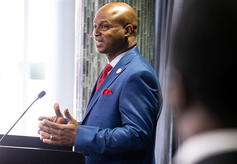 House Speaker Emanuel “Chris” Welch, D-Hillside, holds his first news conference after taking the Oath of Office to become speaker of the Illinois House of Representatives in the 102nd General Assembly on Jan. 13, 2021, at the Bank of Springfield Center