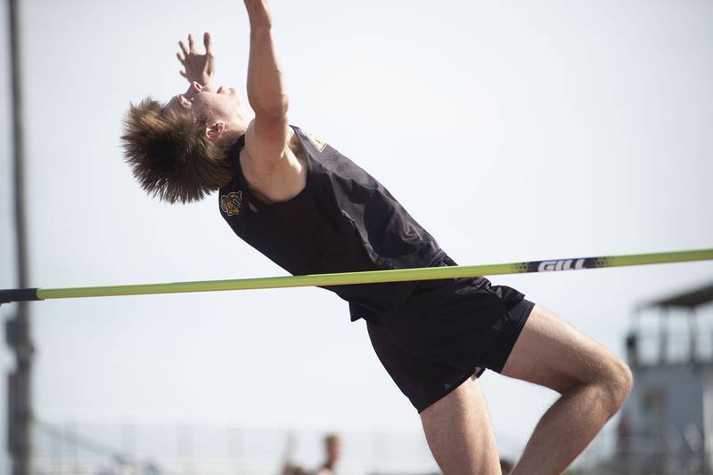 Riverdale's Max Maring clears the bar in the high jump at the class 1A Erie track sectionals on Thursday, May 19, 2022.