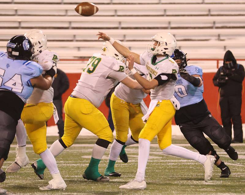 Providence Catholic quarterback Dominic Vita lets go of a pass during the Class 5A State championship on Tuesday, Dec. 2, 2025 in Hancock Stadium at Illinois State University in Normal.