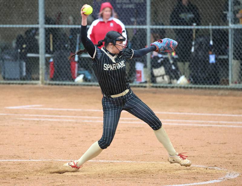 Sycamore's Bella Jacobs delivers a pitch Thursday, April 30, 2026, during their game against LaSalle-Peru at Sycamore High School.
