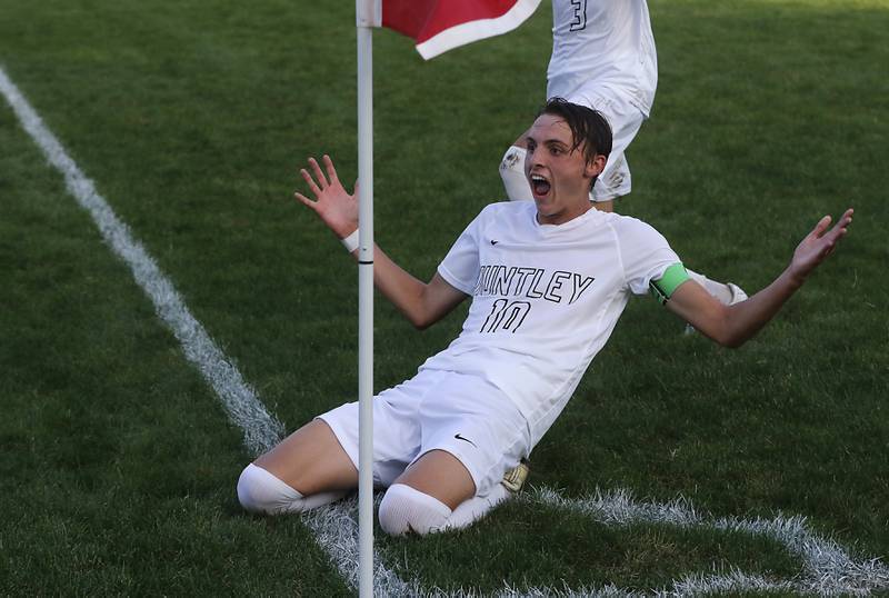 Huntley's Hudson Nielsen celebrates a goal during a Fox Valley Conference soccer match against Crystal Lake South on Thursday, Sept. 28, 2023, at Crystal Lake South High School.