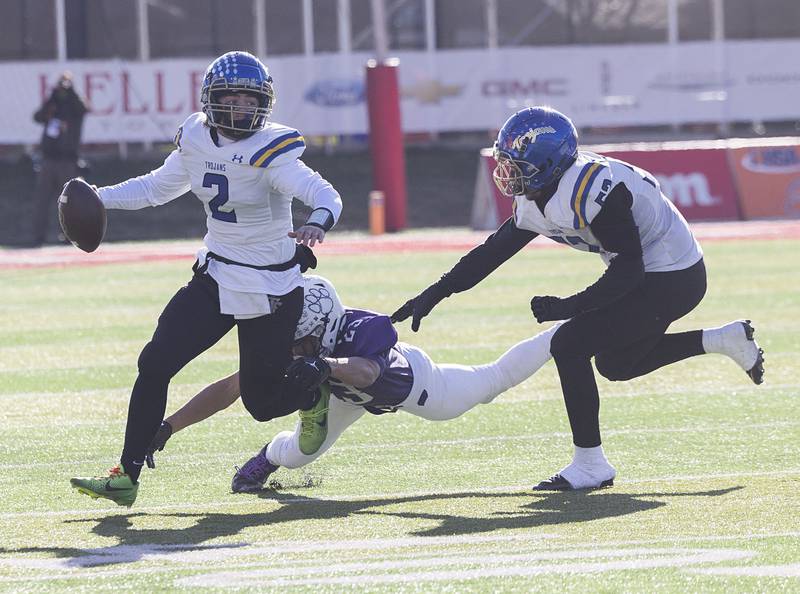 Maroa-Forsyth's Ryne Sheppard looks to pass against Wilmington Friday, Nov. 28, 2025, in the Class 2A football finals at Hancock Stadium at ISU.