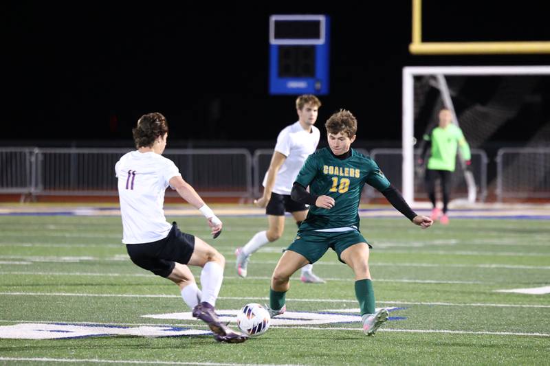 Coal City’s Colton Lemmons defends a pass during the Coalers' 1-0 victory over Williamsville in the IHSA Class 1A Maroa-Forsyth Super-Sectional on Monday, Nov. 3, 2025.