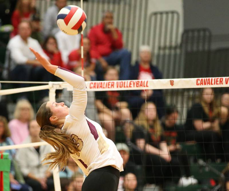 Morris's Ava Smith spikes the ball to the L-P side of the net in the Class 3A Regional game on Thursday, Oct. 26, 2023 at Sellett Gymnasium.