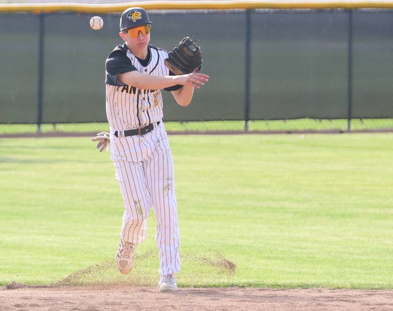 Putnam County's Maddox Poole throws to first base to get a Mendota runner Putnam County's Johnathon Stunkel lets go of a throw to Mendota on Friday, May 8, 2026 at Putnam County High School.