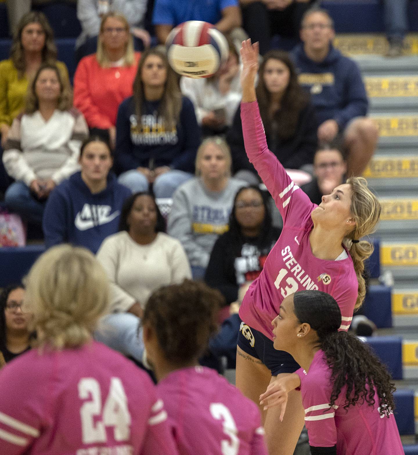 Sterling’s Marley Sechrest spikes against Mendota Thursday, Oct. 24, 2024, in Sterling.