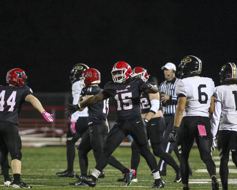 Yorkville's James Sapp Jr. (15) celebrates a sack during Class 7A first round football game between Glenbard North at Yorkville. Friday, Oct 31, 2025 in Yorkville.