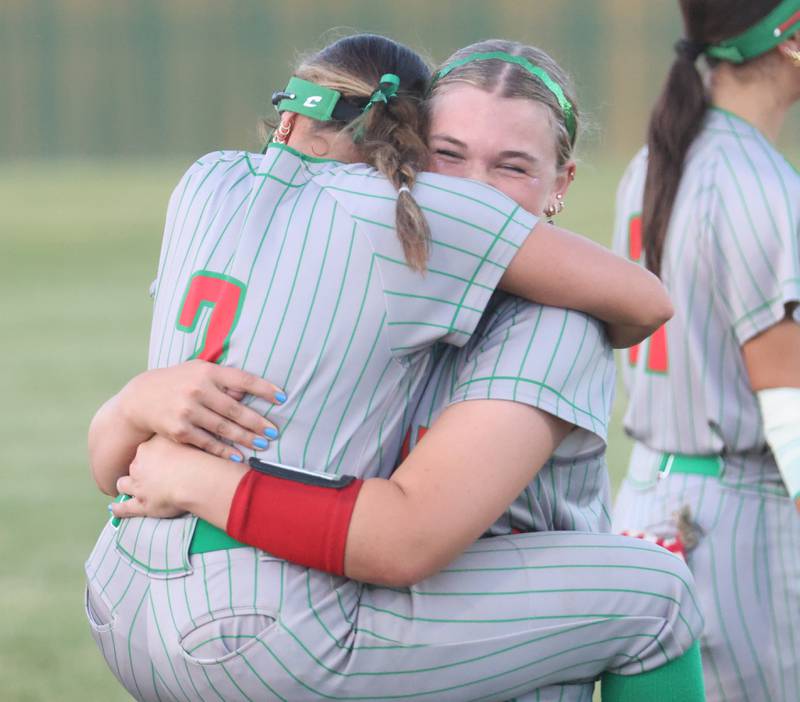L-P pitcher Taylor Vescogni hugs teammate Dangy Greer after defeating East Peoria during the Class 3A Sectional semifinal game on Tuesday, May 26, 2026 at the L-P Athletic Complex in La Salle.