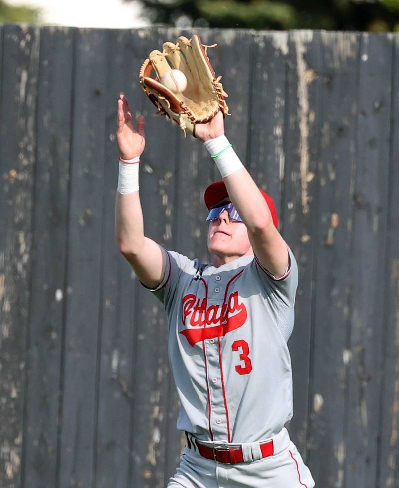 Ottawa's Jaxon Cooper catches a fly ball during their game against Sycamore Tuesday, May 6, 2025, at the Sycamore Community Sports Complex.