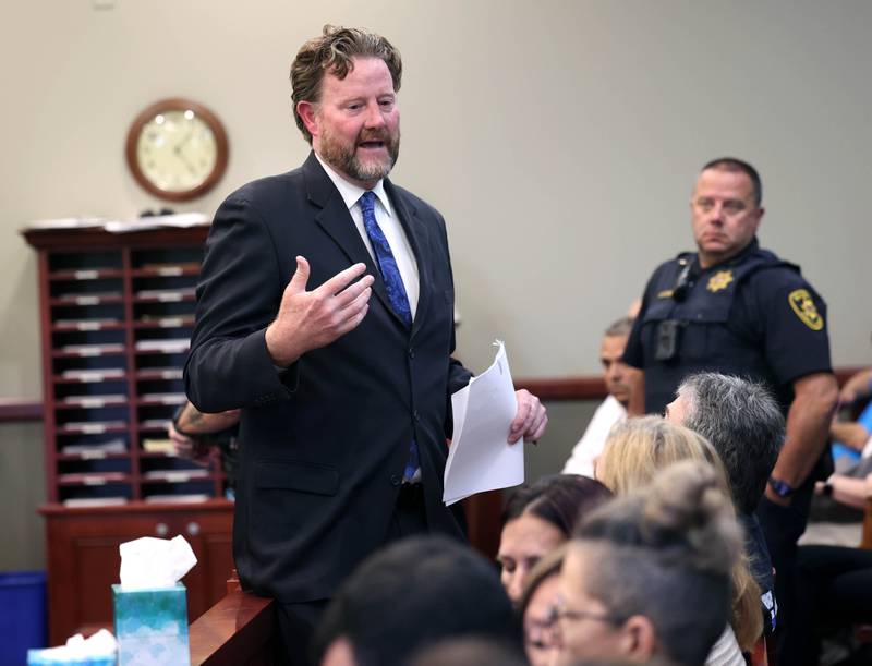 Lead prosecutor Scott Schwertley advises family and friends of DeKalb County sheriff’s deputy Christina Musil, to remain quiet Tuesday, Aug. 26, 2025, during the sentencing hearing for Nathan P. Sweeney, who pleaded guilty to driving under the influence and causing the 2024 crash that killed Musil. Sweeney was sentenced to the maximum of 14 years.