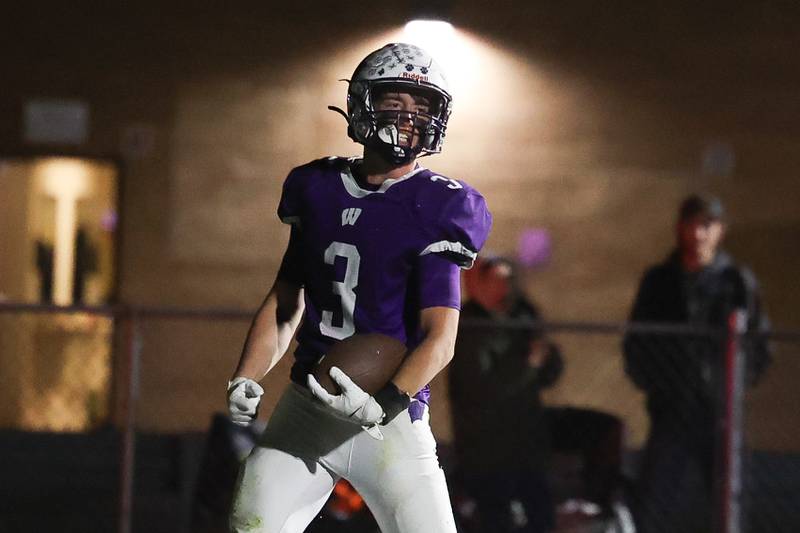 Wilmington’s Ryan Kettman celebrates his touchdown run against Stillman Valley in the first round of the playoffs on Saturday, Nov. 2, 2024 in Wilmington.