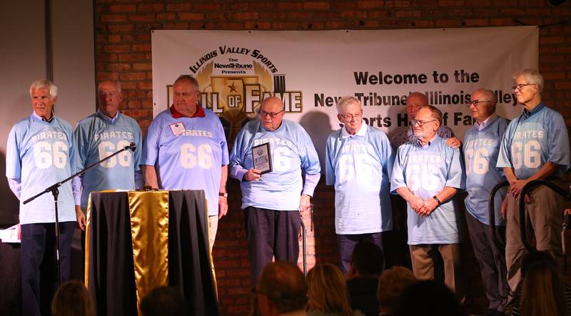 Members of the 1966 Ottawa Township High School football team are honored during the Shaw Media Illinois Valley Sports Hall of Fame on Thursday, June 8, 2023 at the Auditorium Ballroom in La Salle.
